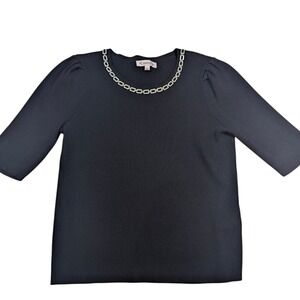 Nanette Lepore Black Ribbed Chain Neck Top -‎ Womens L 3/4 Sleeve